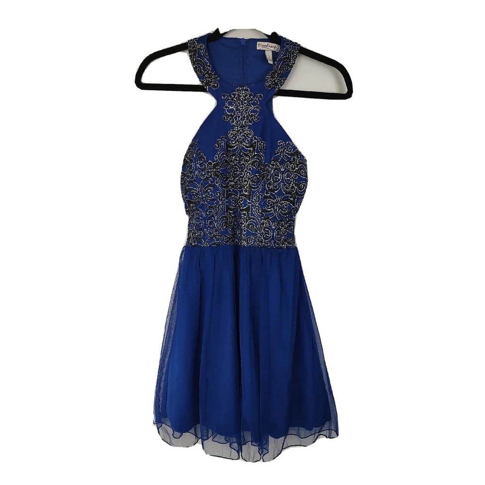 Xtraordinary Royal Blue Glitter Scroll Open Back Tulle Halter Dress Size 3